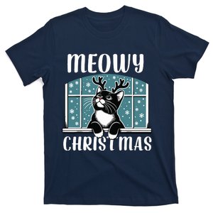 Funny Christmas Cat Reindeer Antlers Meowy Christmas T-Shirt