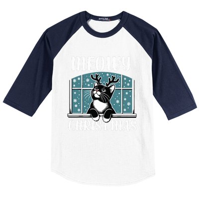 Funny Christmas Cat Reindeer Antlers Meowy Christmas Baseball Sleeve Shirt