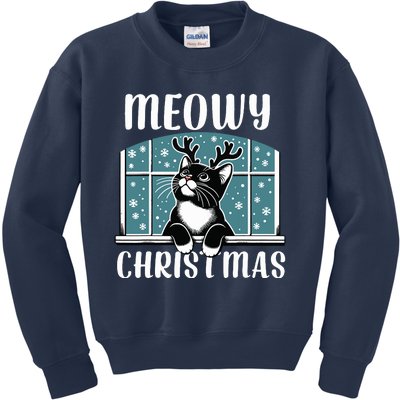 Funny Christmas Cat Reindeer Antlers Meowy Christmas Kids Sweatshirt