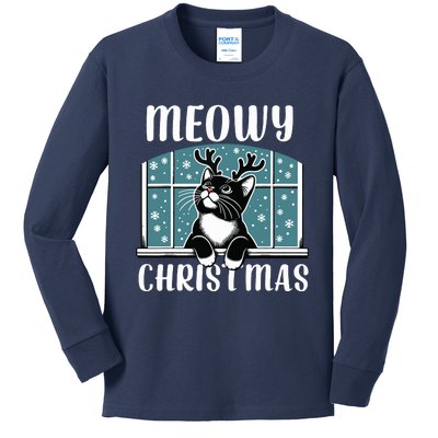 Funny Christmas Cat Reindeer Antlers Meowy Christmas Kids Long Sleeve Shirt