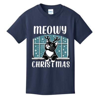 Funny Christmas Cat Reindeer Antlers Meowy Christmas Kids T-Shirt