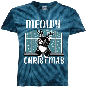 Funny Christmas Cat Reindeer Antlers Meowy Christmas Kids Tie-Dye T-Shirt