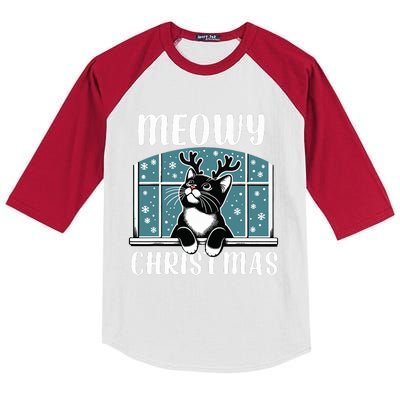 Funny Christmas Cat Reindeer Antlers Meowy Christmas Kids Colorblock Raglan Jersey