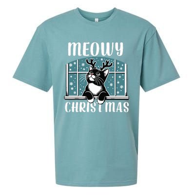 Funny Christmas Cat Reindeer Antlers Meowy Christmas Sueded Cloud Jersey T-Shirt