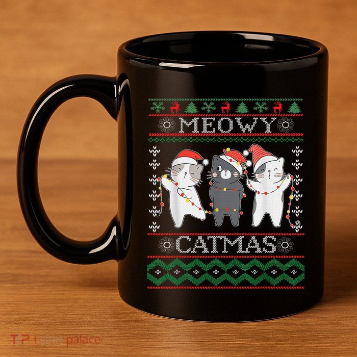 Funny Christmas Cat Matching Family Pajamas Meowy Catmas 11oz C Handle Ceramic Mug