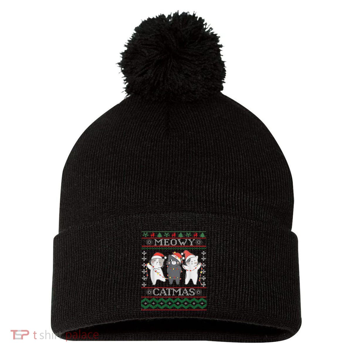 Funny Christmas Cat Matching Family Pajamas Meowy Catmas Pom Pom 12in Knit Beanie