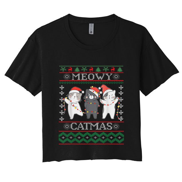 Funny Christmas Cat Matching Family Pajamas Meowy Catmas Crop Top