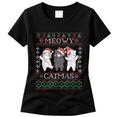 Funny Christmas Cat Matching Family Pajamas Meowy Catmas Womens T-Shirt