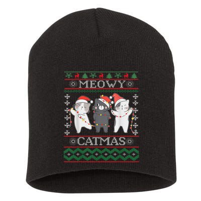 Funny Christmas Cat Matching Family Pajamas Meowy Catmas Short Acrylic Beanie