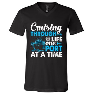 Funny Cruise Cruising Through Life One Port at a Time V-Neck T-Shirt