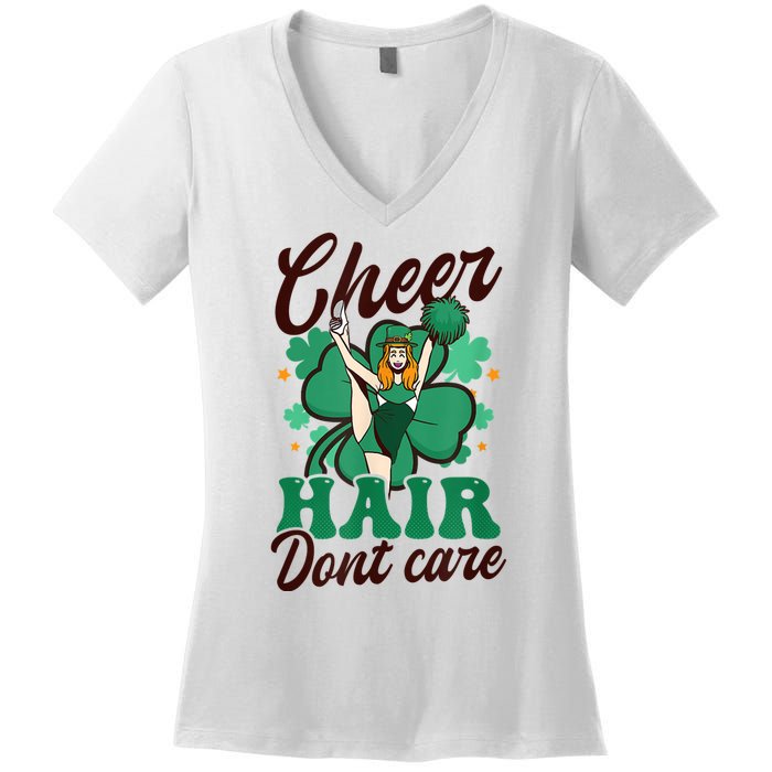 Funny Cheerleader Cheer Hair Don’t Care St. Patricks Cheerleading Women's V-Neck T-Shirt