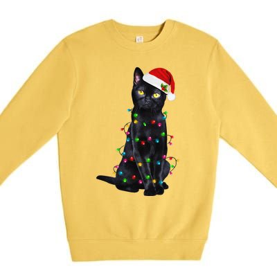 Funny Cat Christmas Lights Santa Hat Black Cat Xmas Pajamas Premium Crewneck Sweatshirt