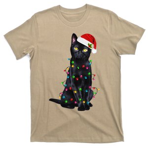 Funny Cat Christmas Lights Santa Hat Black Cat Xmas Pajamas T-Shirt