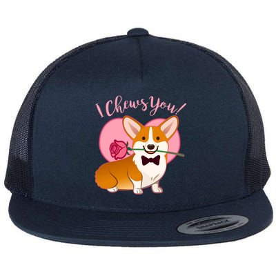 Funny Cute Corgi Valentine I Chews You Flat Bill Trucker Hat