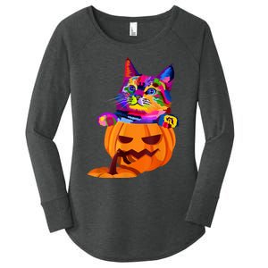 Funny Cute Colorful Cat Halloween Costume Pumpkin Women's Perfect Tri Tunic Long Sleeve Shirt