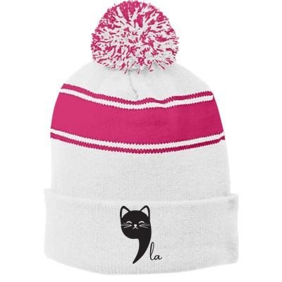 Funny Cat Comma La Kamala Harris For President 2024 Election Stripe Pom Pom Beanie