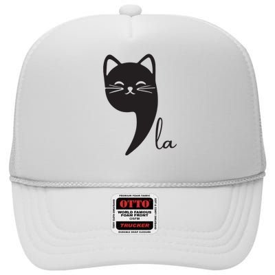 Funny Cat Comma La Kamala Harris For President 2024 Election High Crown Mesh Back Trucker Hat