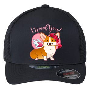 Funny Cute Corgi Valentine I Woof You Flexfit Unipanel Trucker Cap