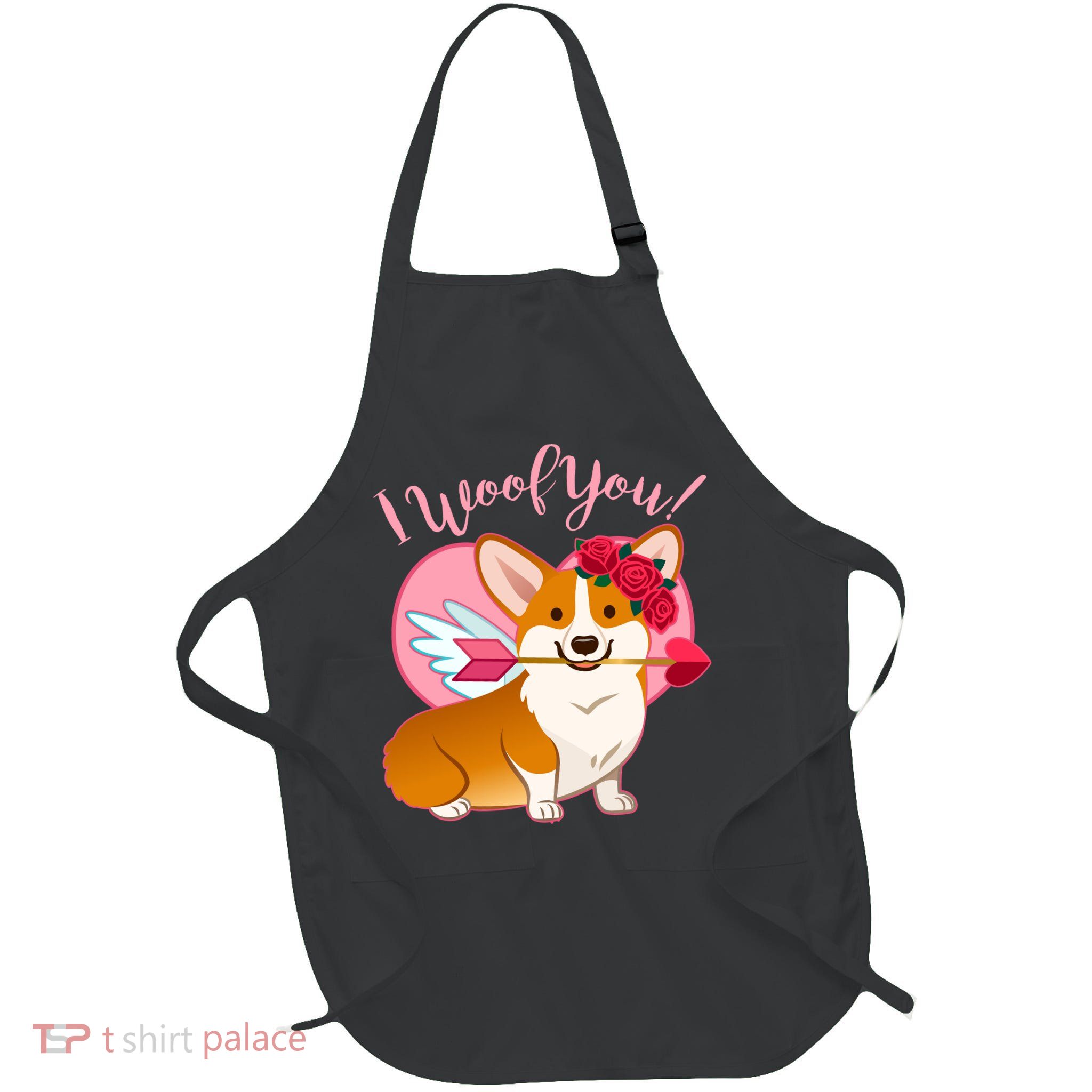 Funny Cute Corgi Valentine I Woof You Full-Length Apron With Pockets