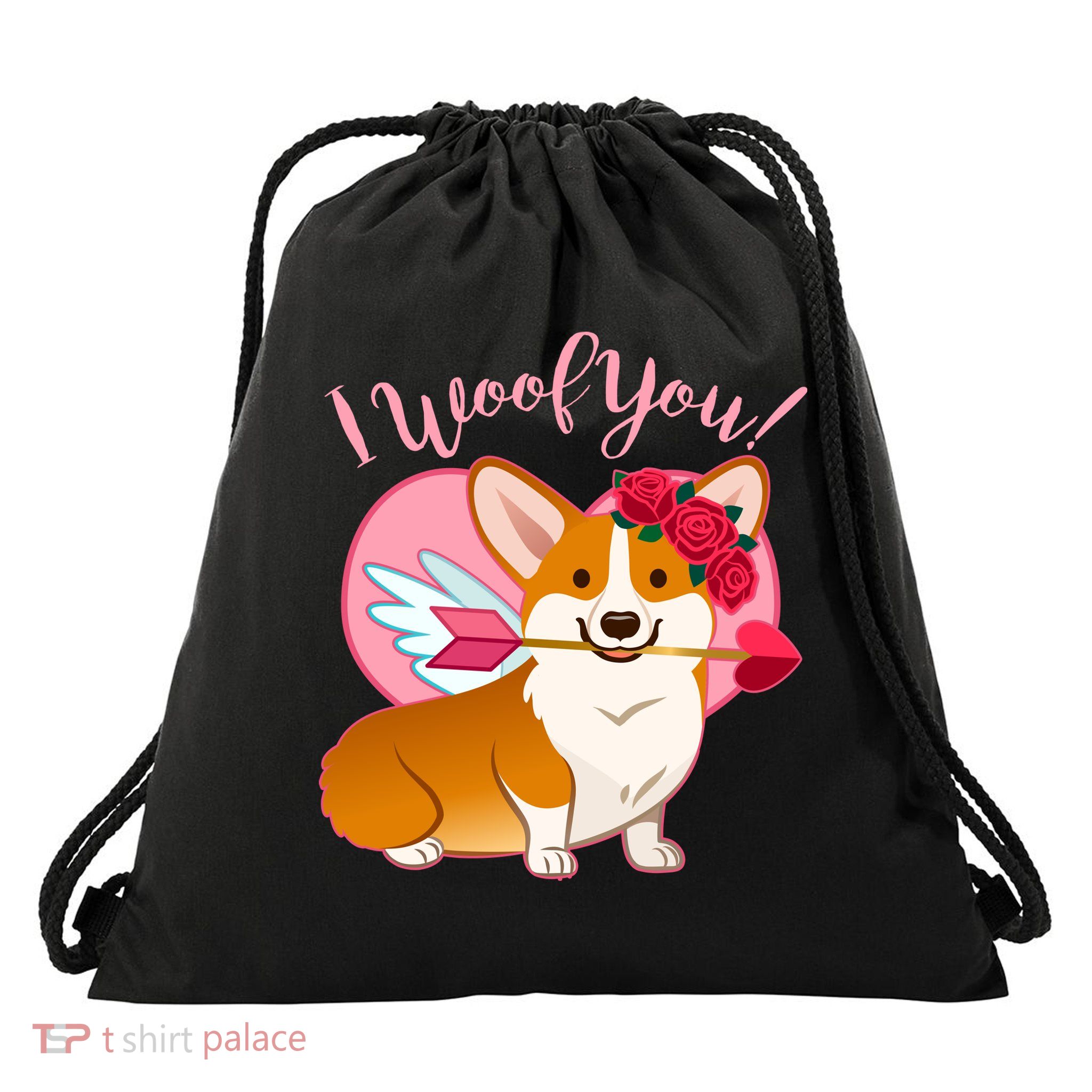Funny Cute Corgi Valentine I Woof You Drawstring Bag