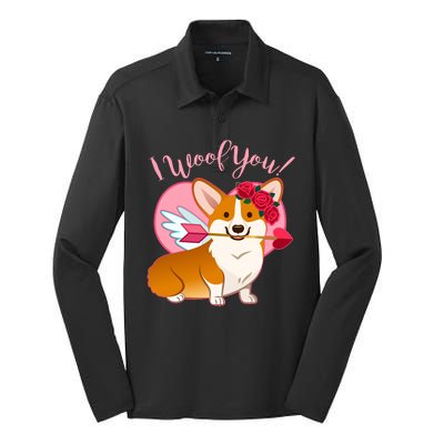 Funny Cute Corgi Valentine I Woof You Silk Touch Performance Long Sleeve Polo