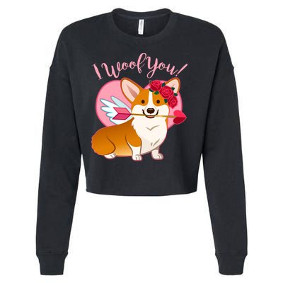 Funny Cute Corgi Valentine I Woof You Cropped Pullover Crew
