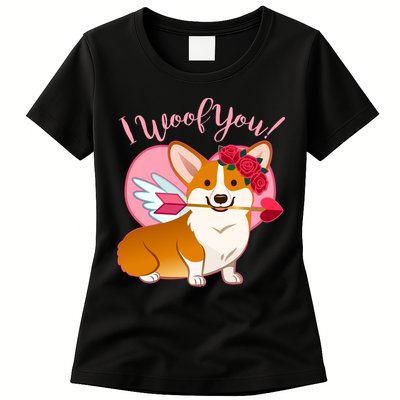 Funny Cute Corgi Valentine I Woof You Womens T-Shirt