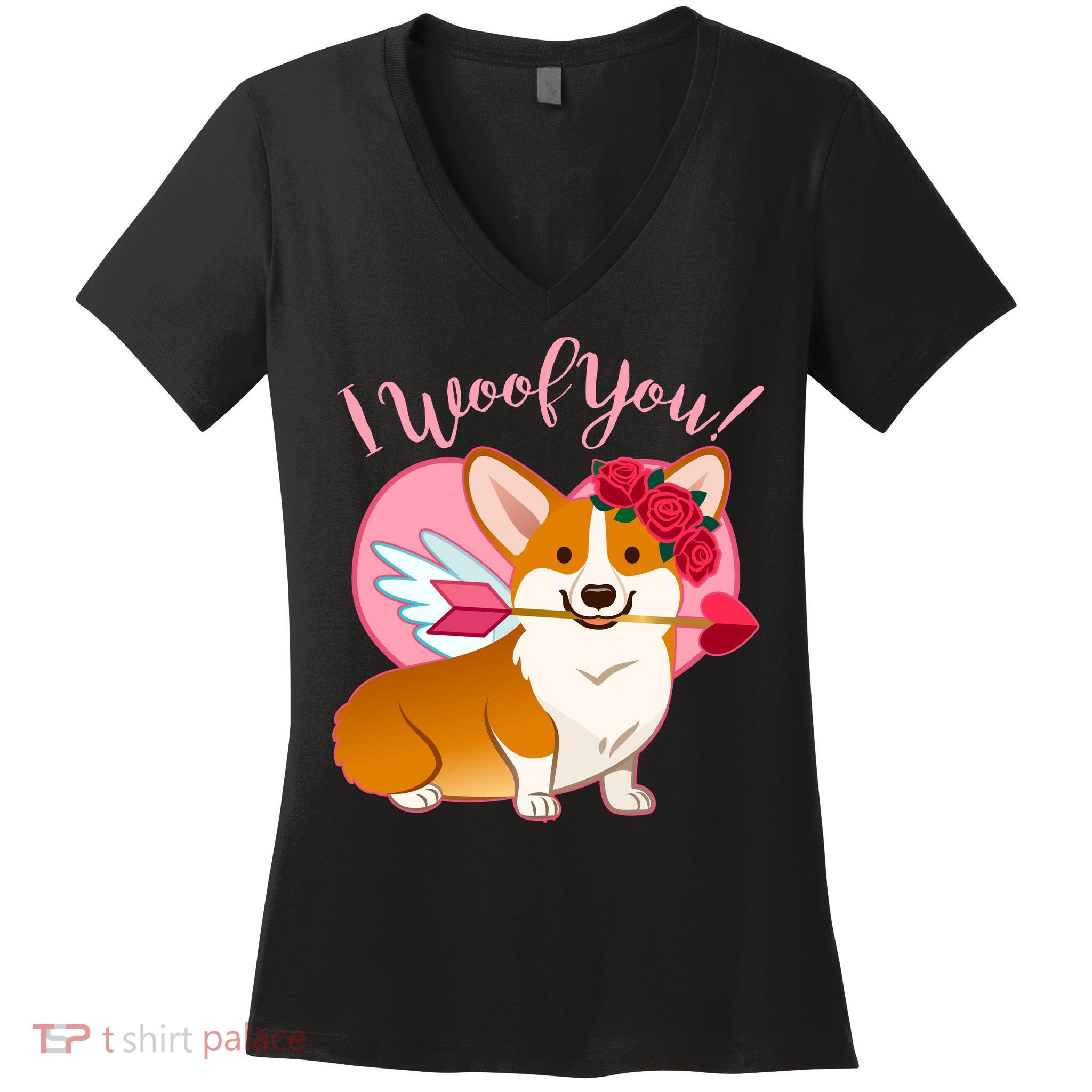 Funny Cute Corgi Valentine I Woof You Women's V-Neck T-Shirt