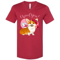 Funny Cute Corgi Valentine I Woof You V-Neck T-Shirt