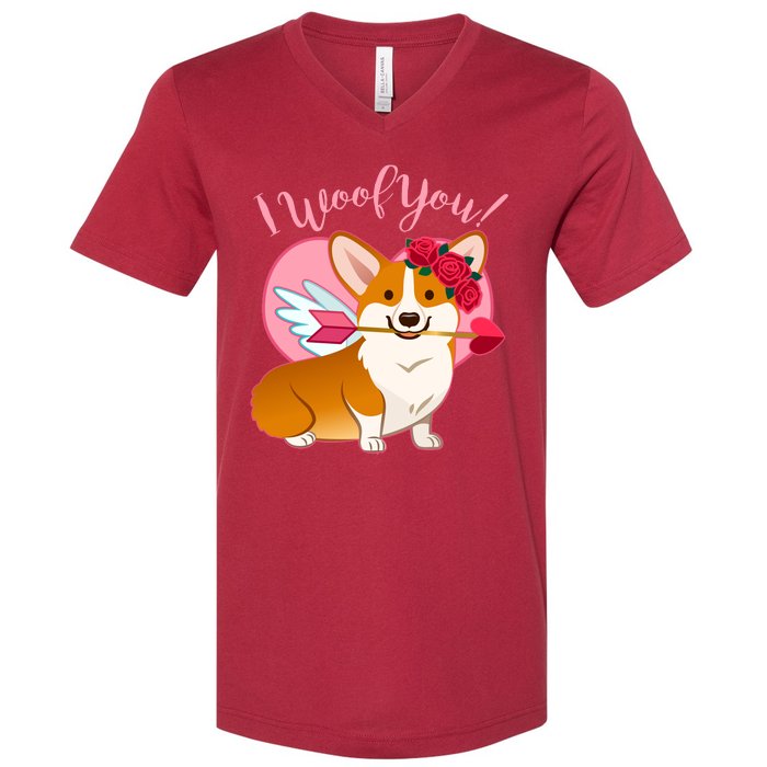 Funny Cute Corgi Valentine I Woof You V-Neck T-Shirt