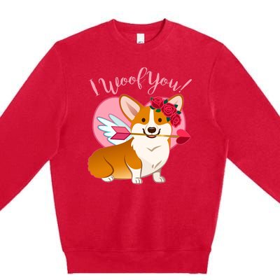 Funny Cute Corgi Valentine I Woof You Premium Crewneck Sweatshirt