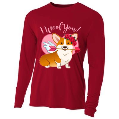Funny Cute Corgi Valentine I Woof You Cooling Performance Long Sleeve Crew