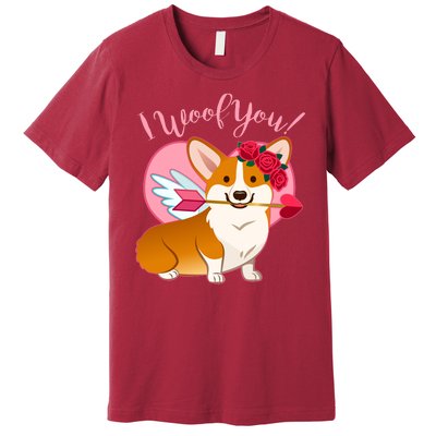 Funny Cute Corgi Valentine I Woof You Premium T-Shirt