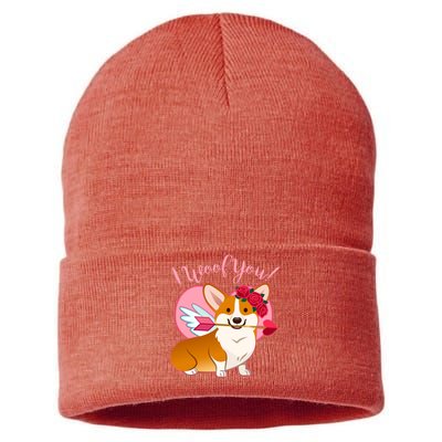 Funny Cute Corgi Valentine I Woof You Sustainable Knit Beanie