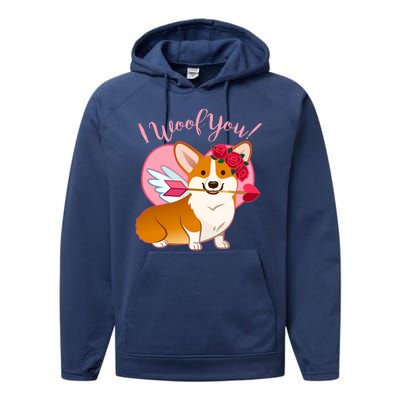 Funny Cute Corgi Valentine I Woof You Performance Fleece Hoodie