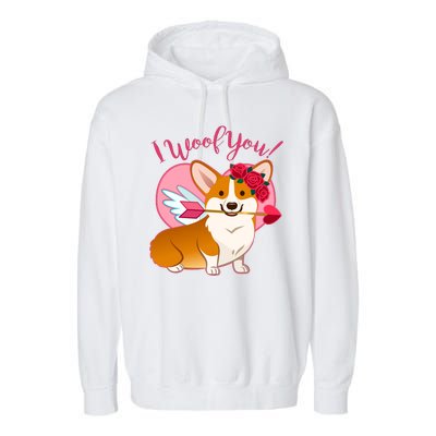 Funny Cute Corgi Valentine I Woof You Garment-Dyed Fleece Hoodie