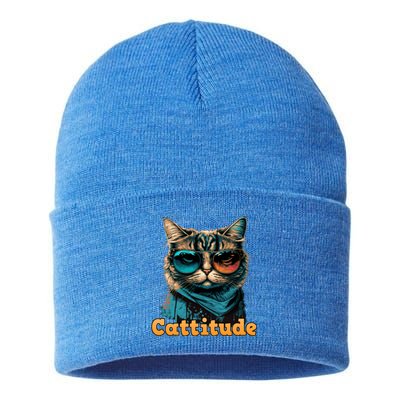 Funny Cool Cat With Glasses Cattitude Cats Lover Attitude Funny Gift Sustainable Knit Beanie