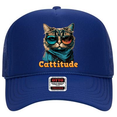 Funny Cool Cat With Glasses Cattitude Cats Lover Attitude Funny Gift High Crown Mesh Back Trucker Hat