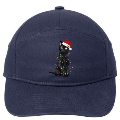 Funny Cat Christmas Lights Santa Hat Black Cat Xmas Pajamas 7-Panel Snapback Hat