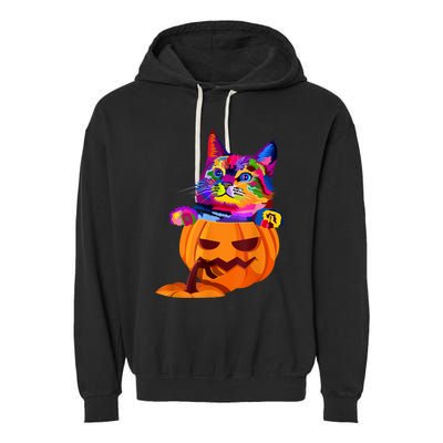 Funny Cute Colorful Cat Halloween Costume Pumpkin Garment-Dyed Fleece Hoodie