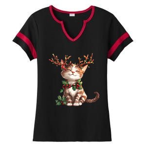 Funny Cute Cat Wear Reindeer Antlers Christmas Tree Lights Gift Ladies Halftime Notch Neck Tee