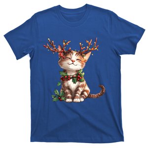 Funny Cute Cat Wear Reindeer Antlers Christmas Tree Lights Gift T-Shirt