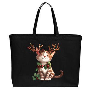 Funny Cute Cat Wear Reindeer Antlers Christmas Tree Lights Gift Cotton Canvas Jumbo Tote