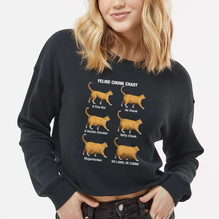 Feline Chonk Cat Chart Funny Cat Meme Oh Lawd He Comin Cropped Pullover Crew