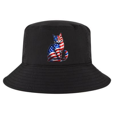 Funny Cute Cat Green Eyes Cat USA Flag 4th Of July Cool Comfort Performance Bucket Hat