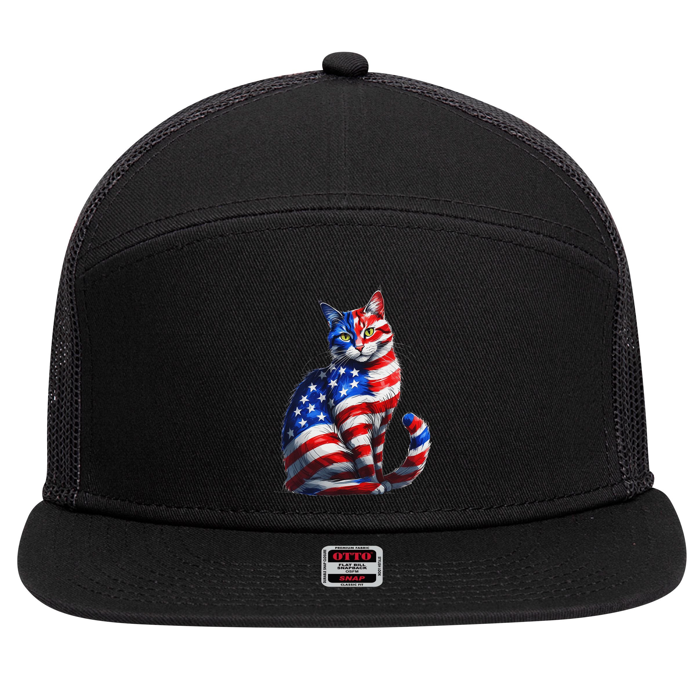 Funny Cute Cat Green Eyes Cat USA Flag 4th Of July 7 Panel Mesh Trucker Snapback Hat