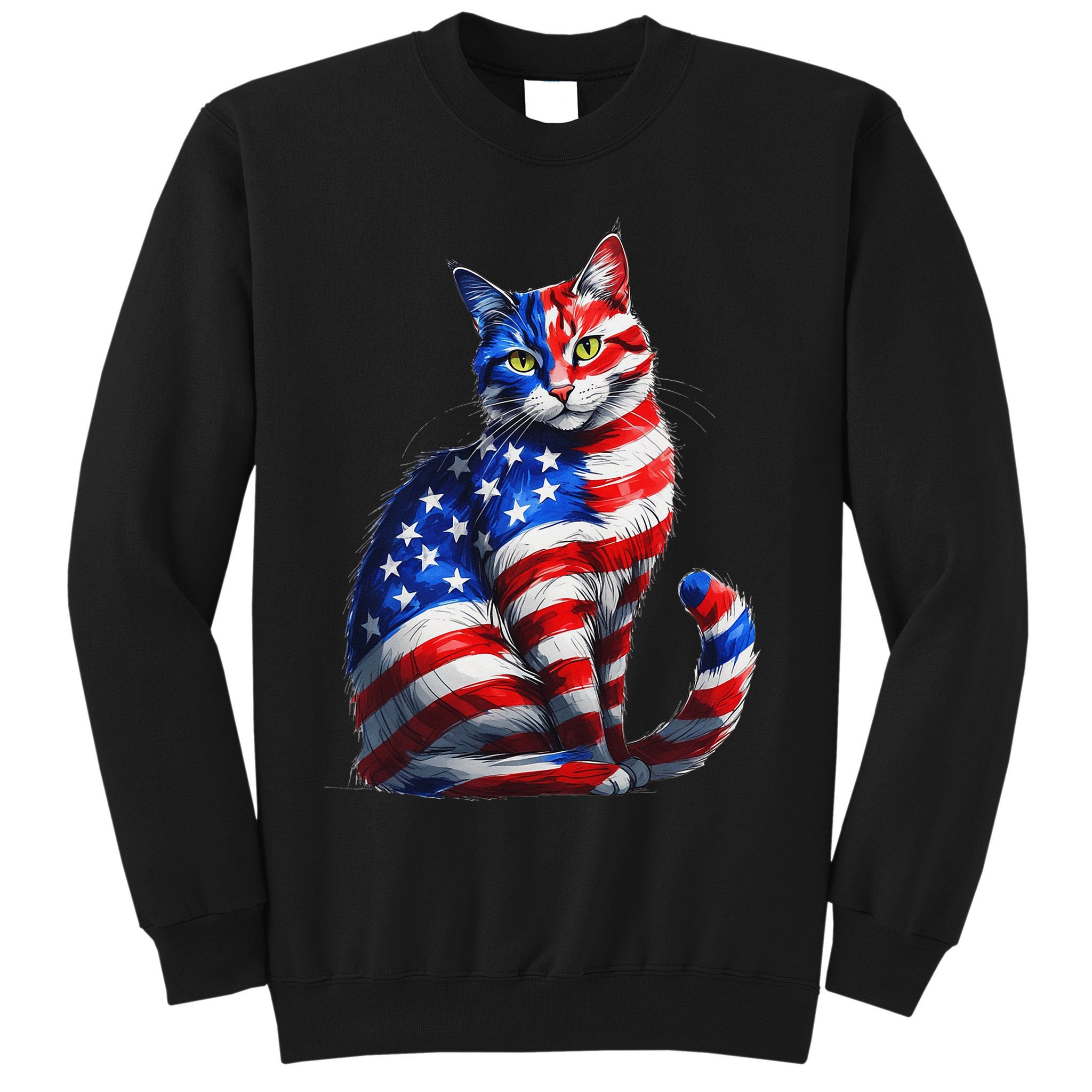 Funny Cute Cat Green Eyes Cat USA Flag 4th Of July Sweatshirt