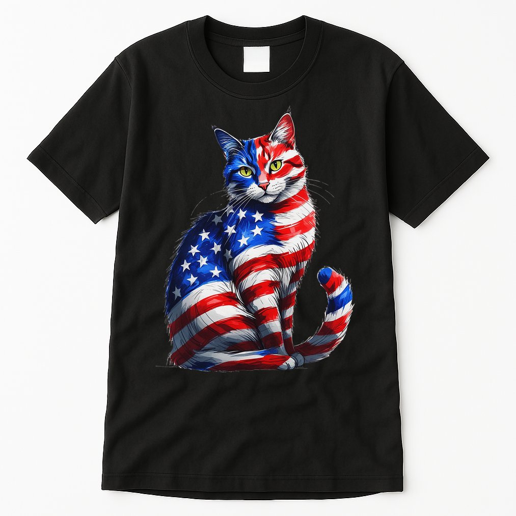 Funny Cute Cat Green Eyes Cat USA Flag 4th Of July Tall T-Shirt