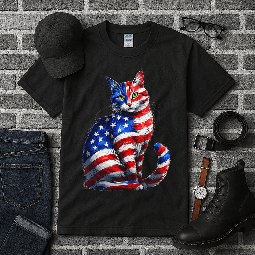 Funny Cute Cat Green Eyes Cat USA Flag 4th Of July Tall T-Shirt