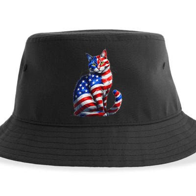 Funny Cute Cat Green Eyes Cat USA Flag 4th Of July Sustainable Bucket Hat